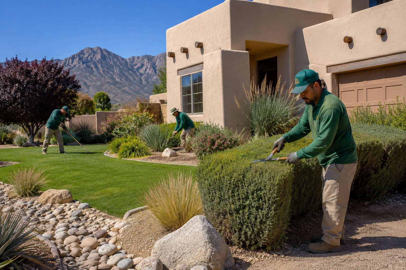 New Mexico landscaping crew working on desert plants and gravel near a home
