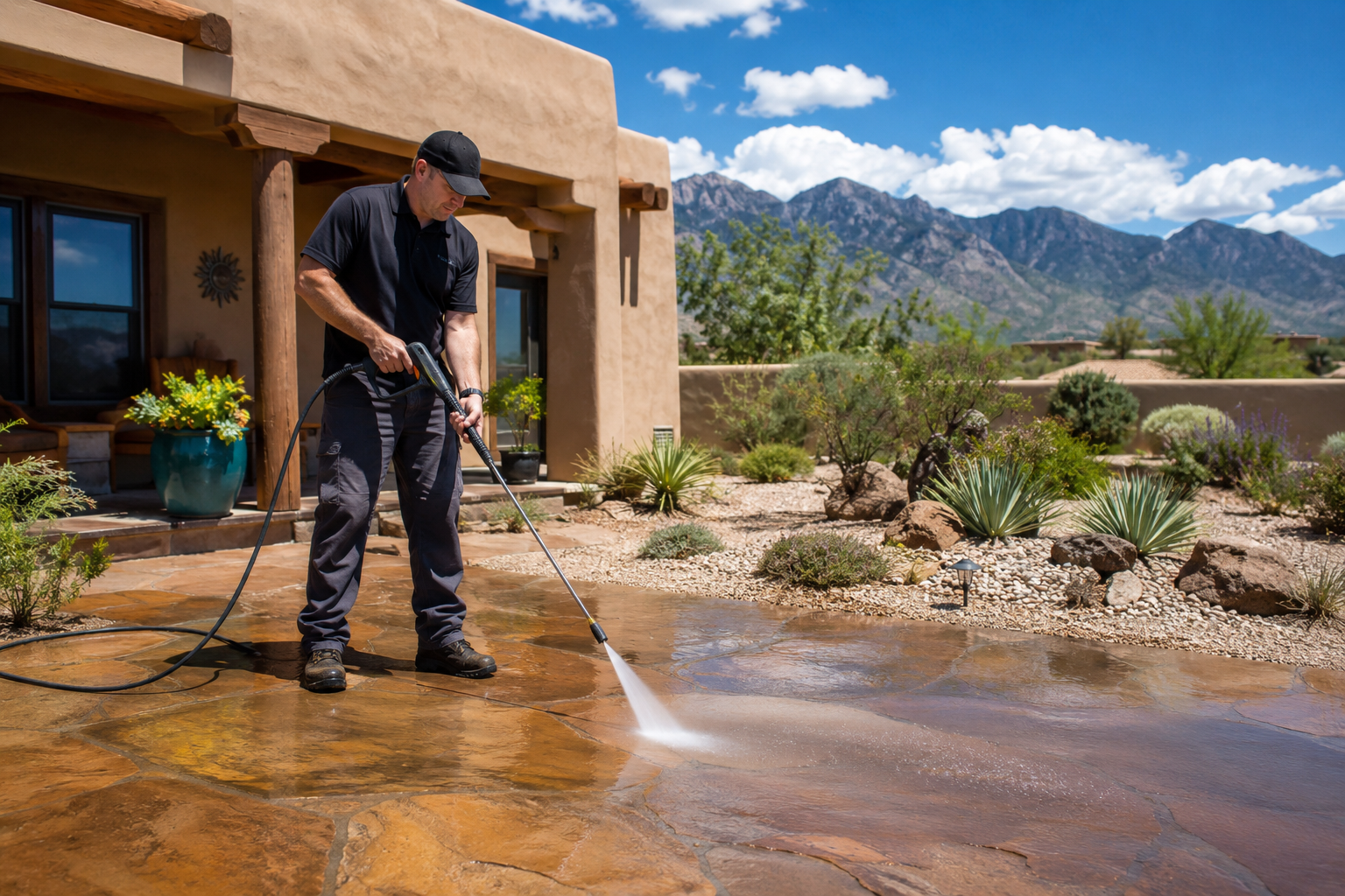 New Mexico patio power washing with clean concrete and southwestern exterior feel