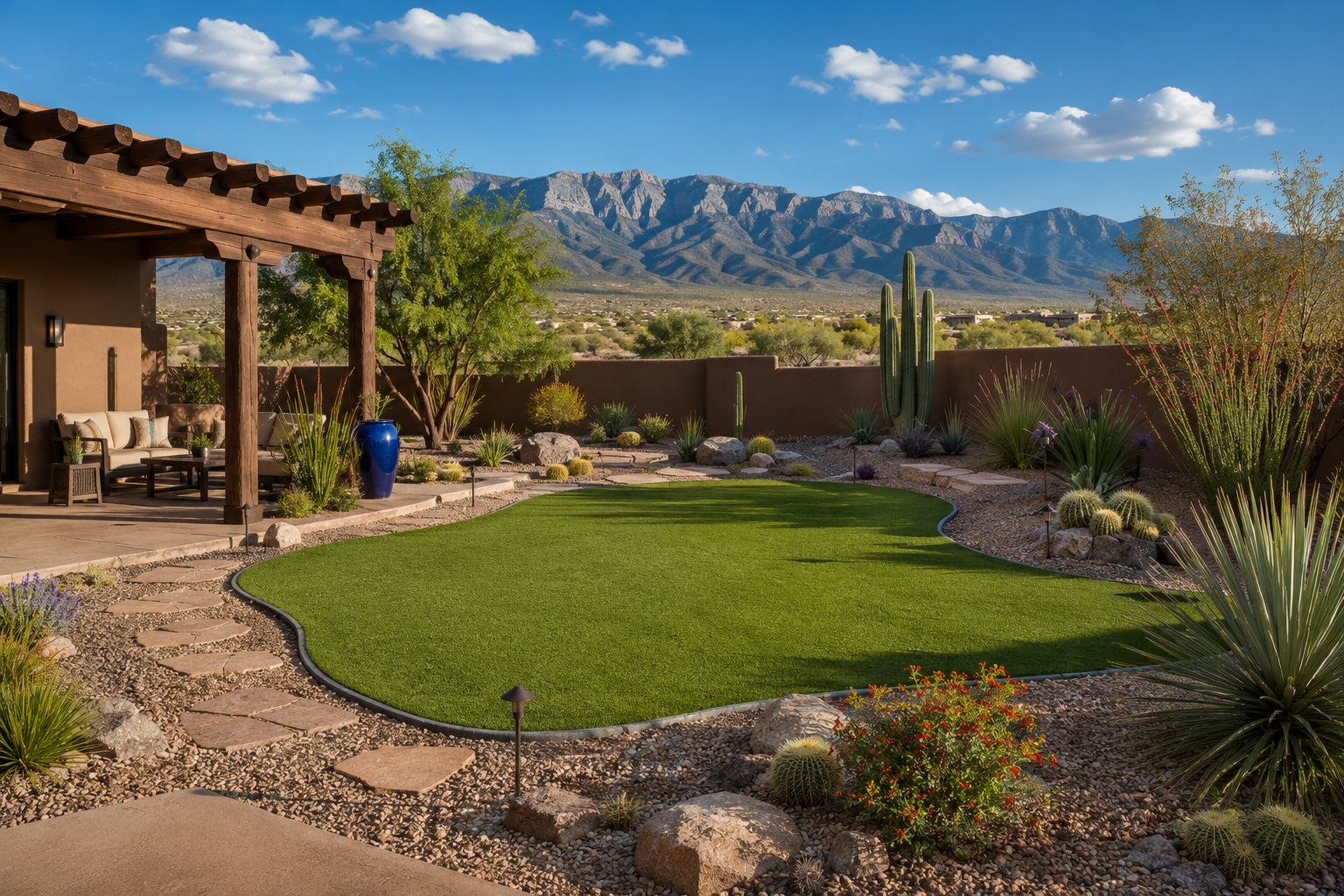 Clean New Mexico backyard landscape with turf, gravel, and patio space