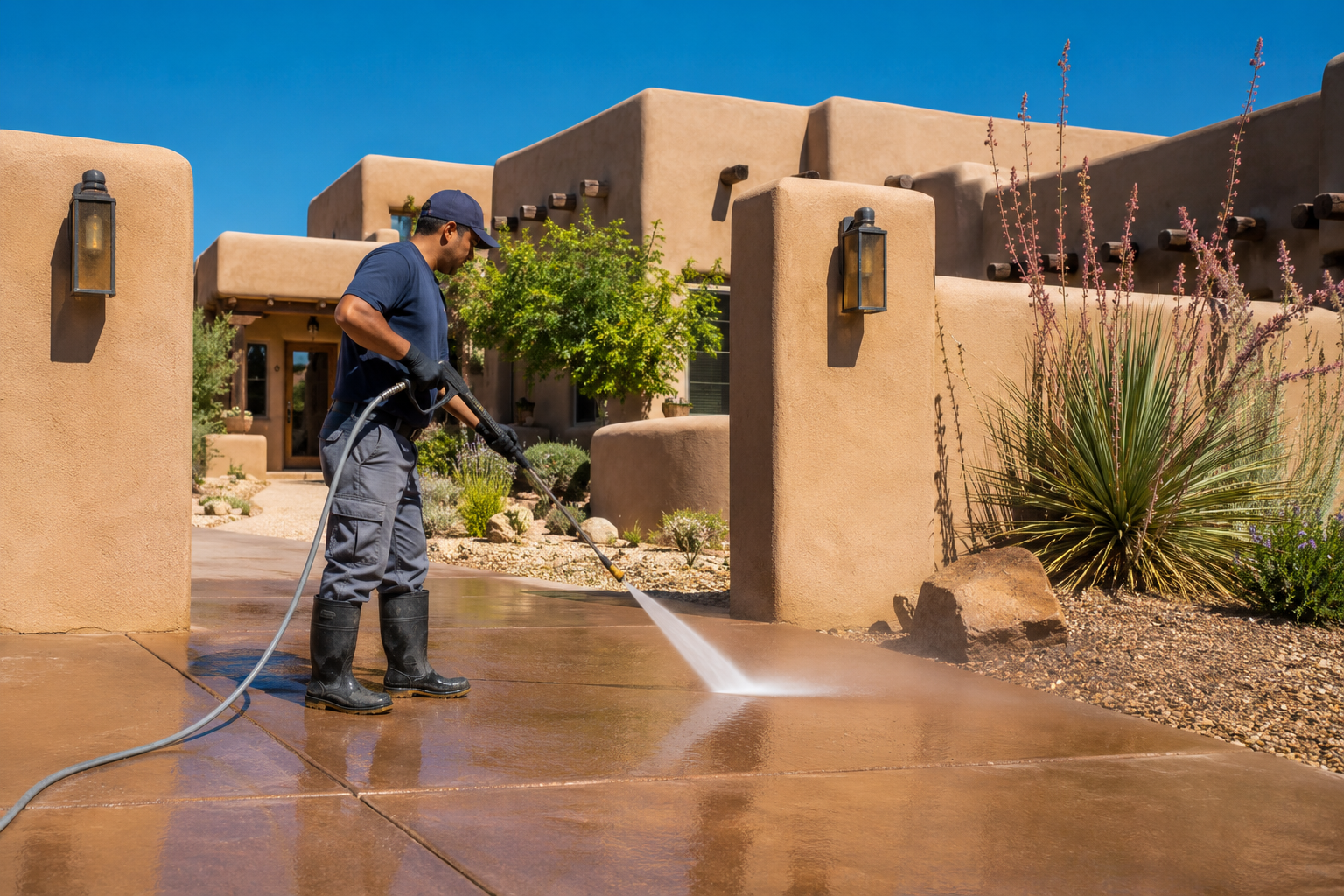 Power washing a southwestern walkway and concrete entry area