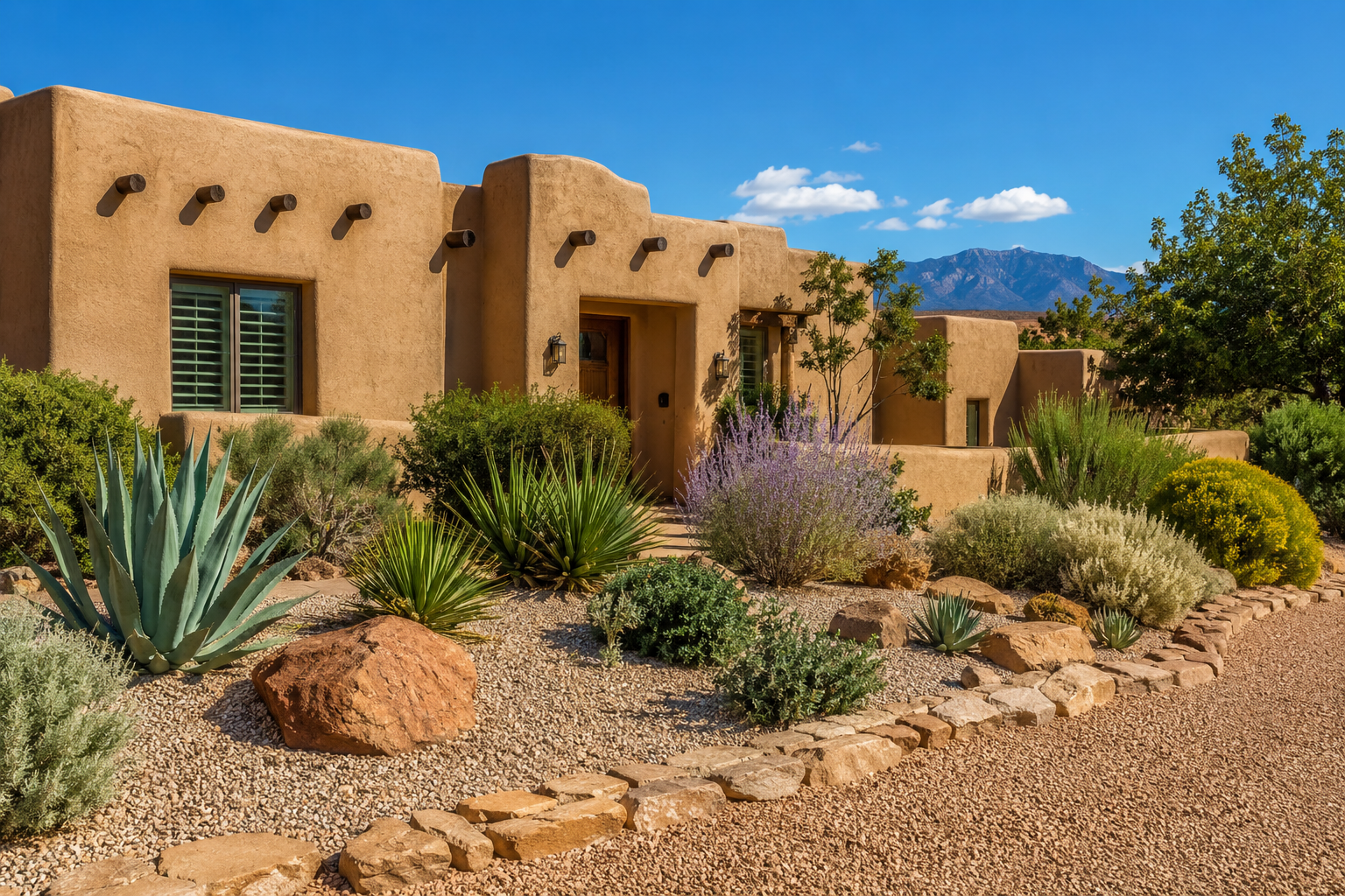 New Mexico xeriscape front yard with clean desert landscaping and gravel near an adobe-style home