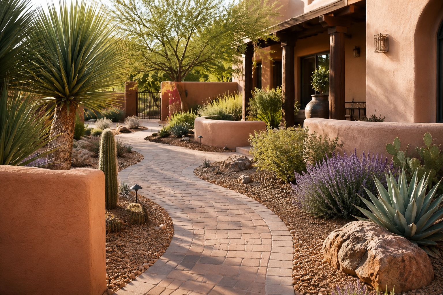 Southwestern garden walkway with clean gravel, desert plants, and New Mexico style landscaping